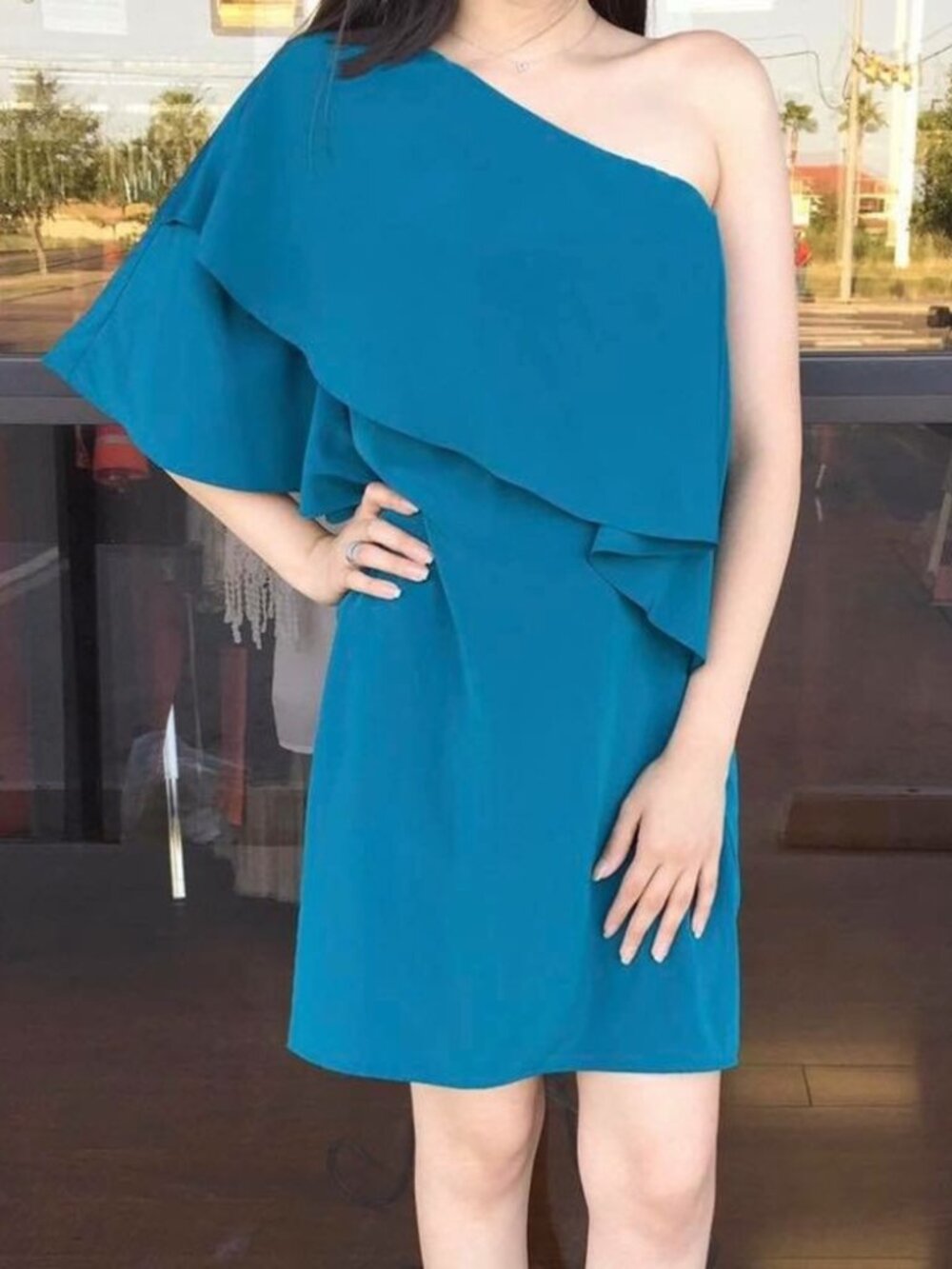 Collective Concepts Teal Satin One Shoulder Cocktail Dress S